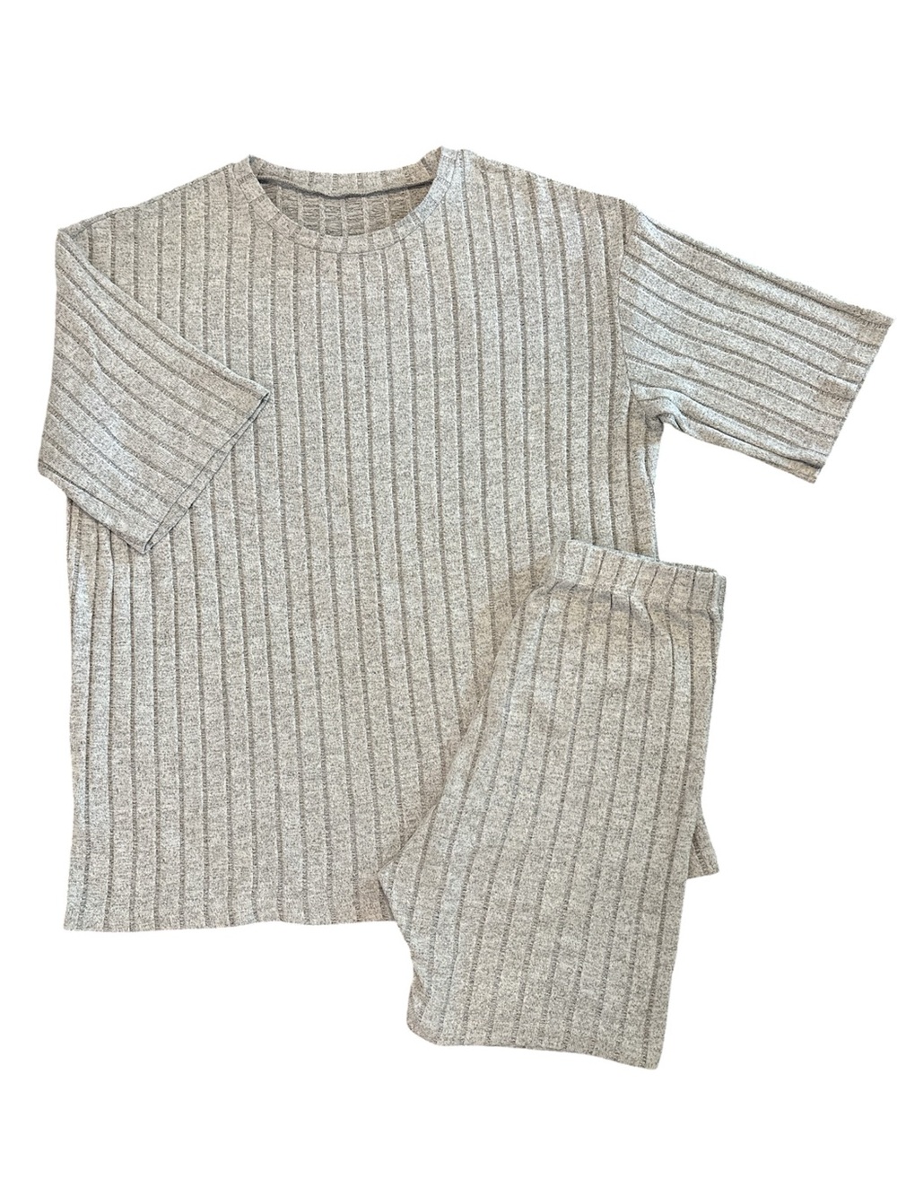 Ribbed Short-Sleeve Women’s Lounge 2-piece Set Oversized Light Gray Size Small